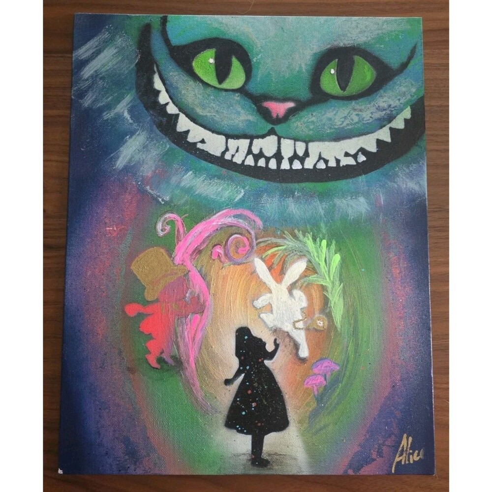 Alice In Wonderland 11x14 ORIGINAL ACRYLIC PAINTING Canvas Cheshire Cat OOAK